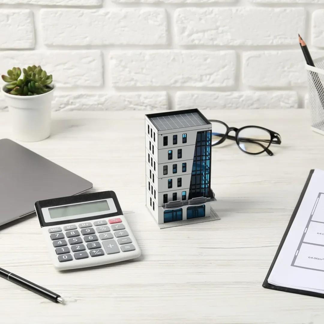 Real estate. Apartment building model, floor plan, calculator and laptop on white wooden table